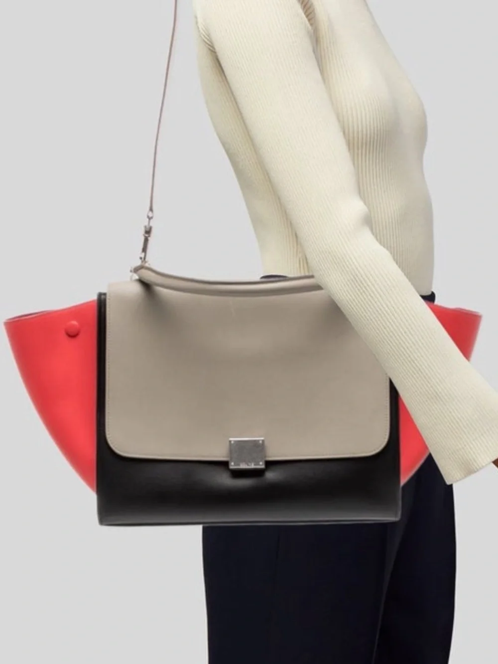 Celine  Tricolor Leather Satchel - Taupe, Black & Coral with dust bag